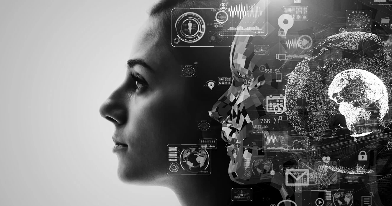 An infographic of an image of a head with a bunch of icons
